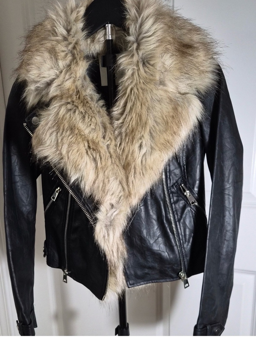 River Island Black Faux Leather Jacket with Beige Faux Fur Collar